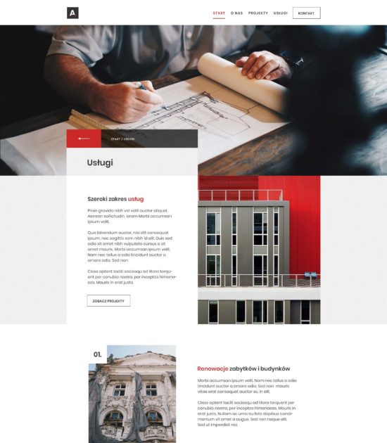 Strona www biura architektonicznego - widok podstrony z usługami